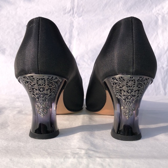 Salvatore Ferragamo “Boemia,” Black Silk Like Fabric, 2.75” Lucite Heel w/Lace - Picture 8 of 16